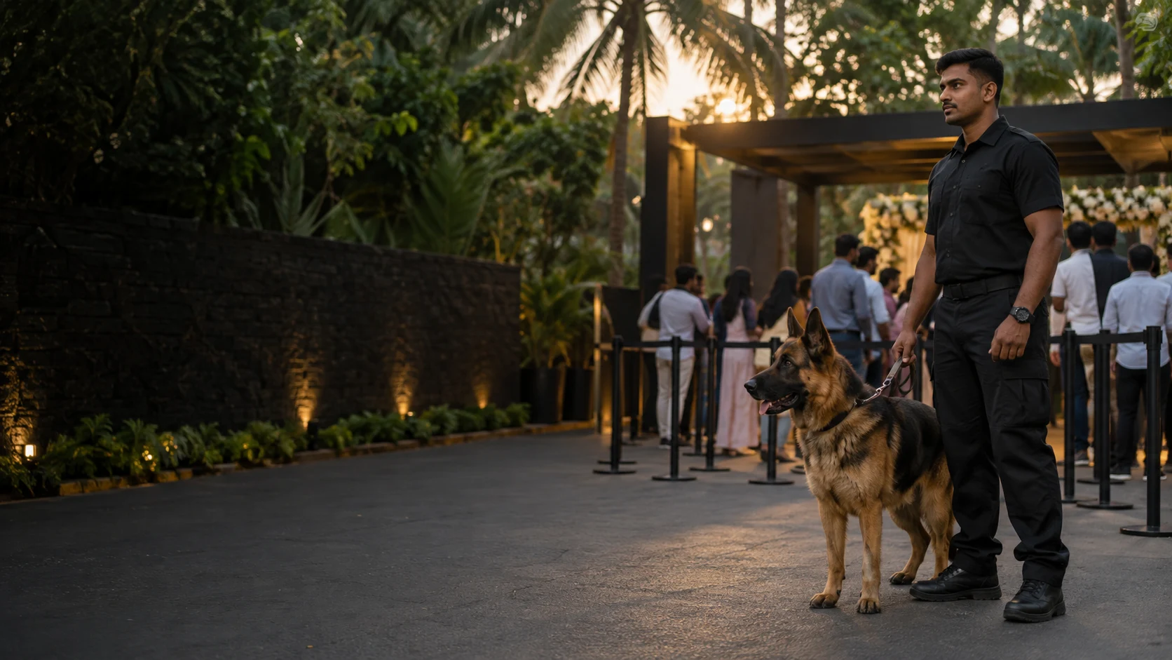 Security handler with a trained dog at an event entrance