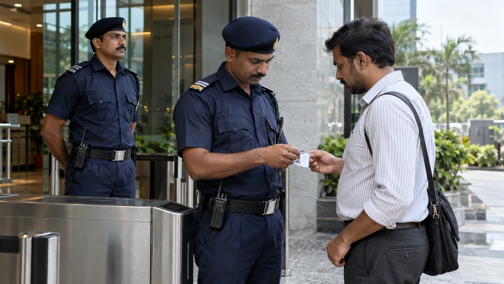 Security officer managing access at a commercial entrance