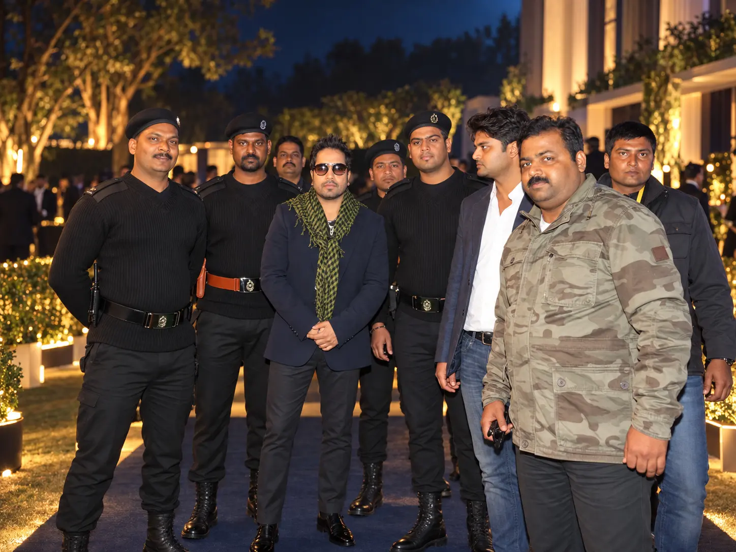 Security team accompanying a guest at an evening event