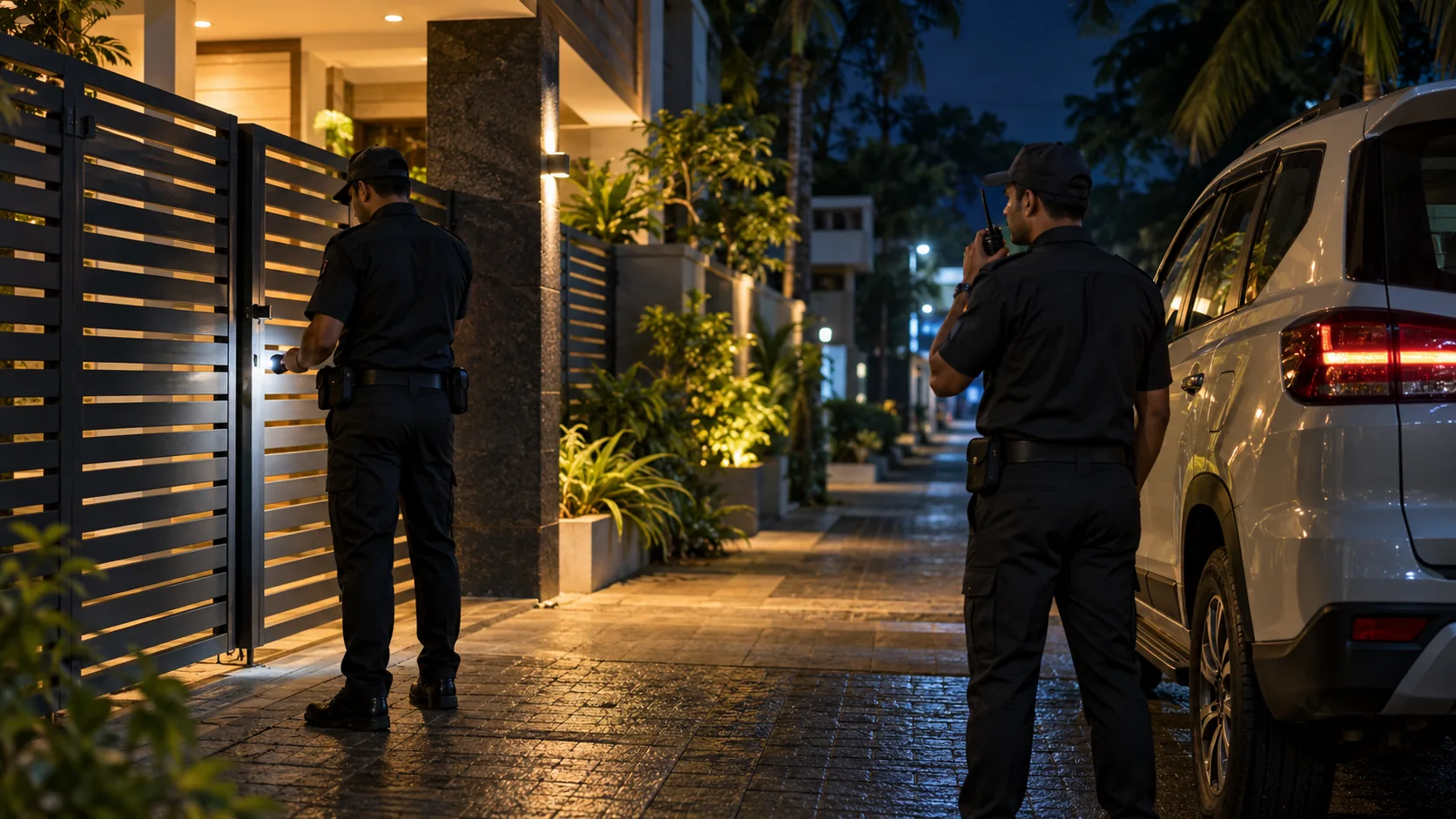 Security patrol team checking a property after dark