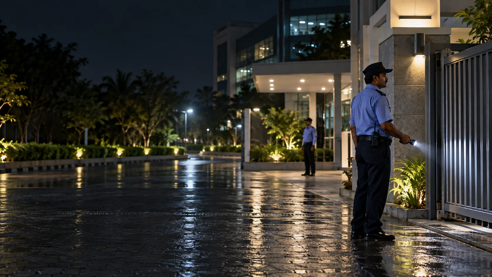 Security officer on duty at a building entrance after dark