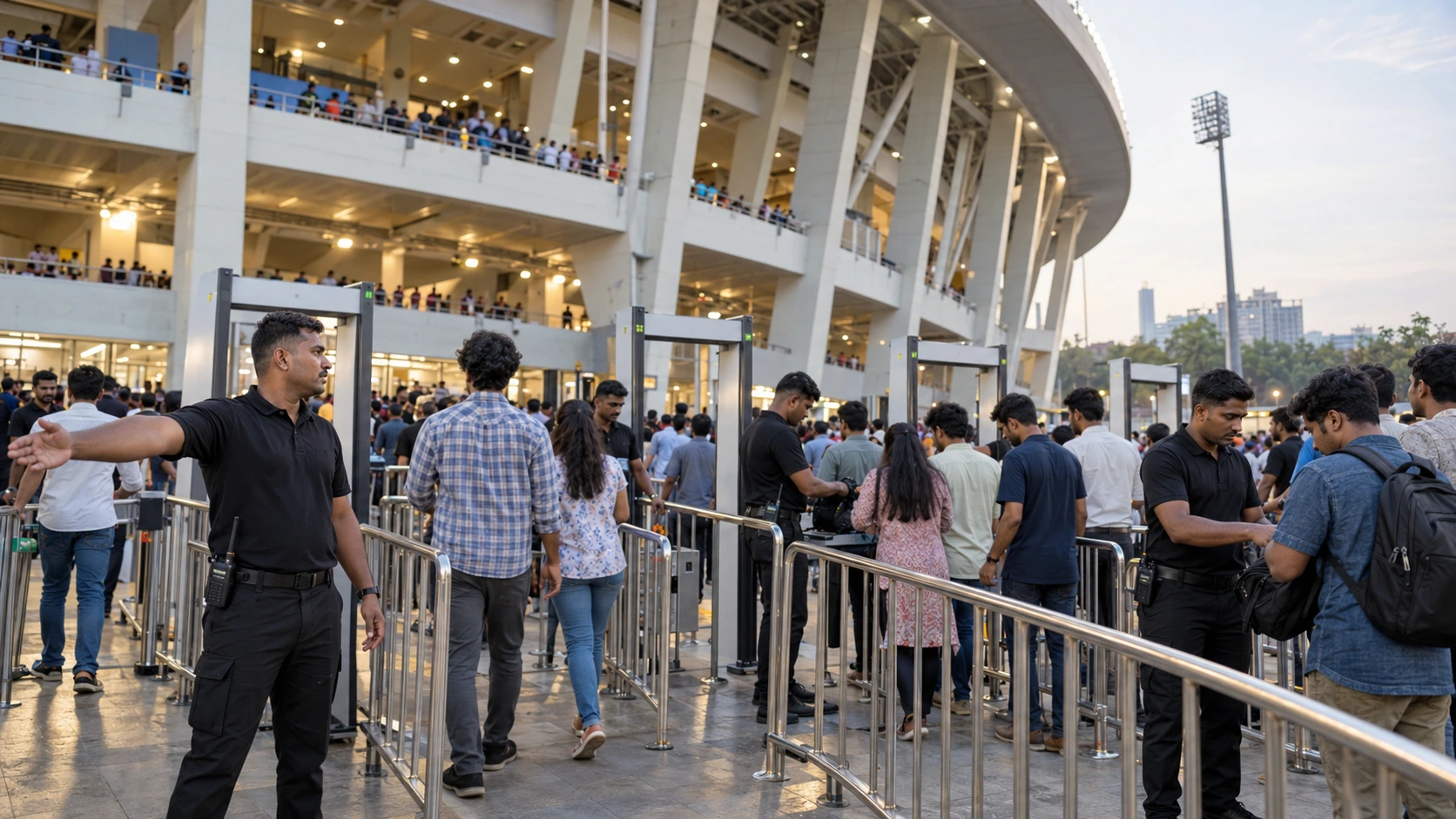 Security personnel managing entry at a sports venue