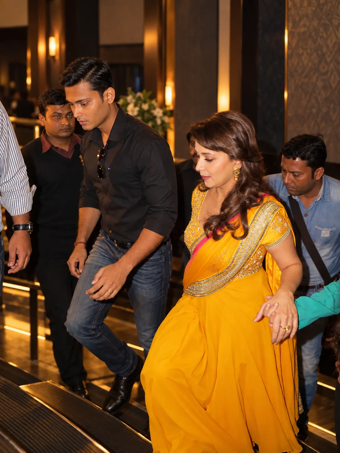 Guest accompanied by security personnel at an event